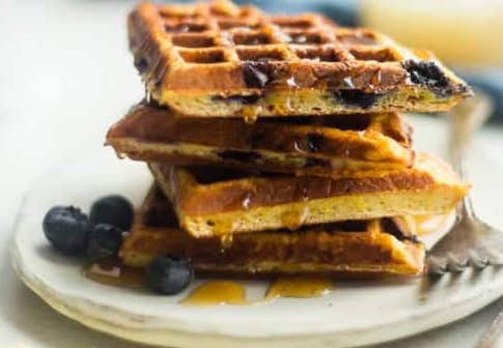 Peanut Butter Blueberry Protein Waffles with Sausage Patties (PRO)