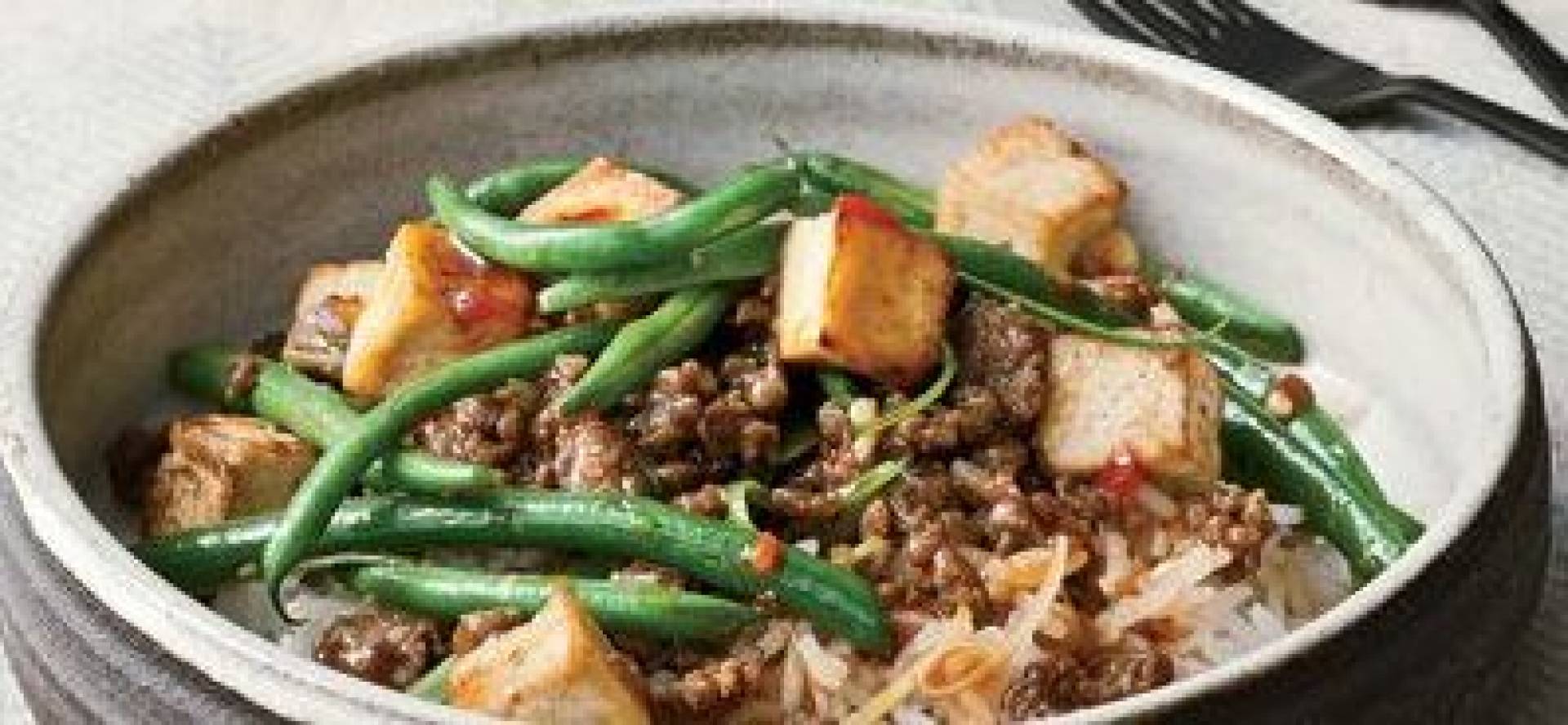 Vegan Teriyaki Beef and Tofu with Cauliflower Rice and Green Beans