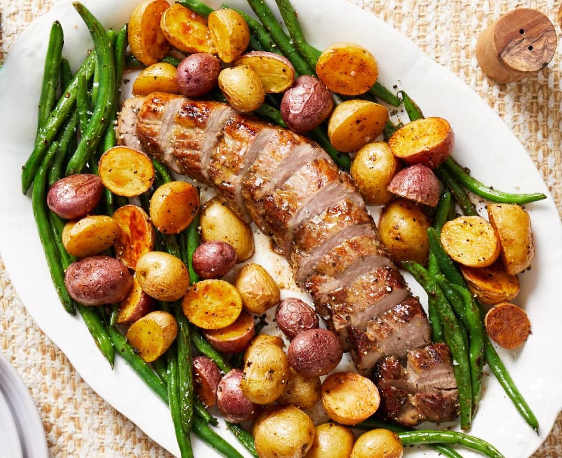 Dijon Herb Crusted Pork Tenderloin with Baby Potatoes and Green Beans