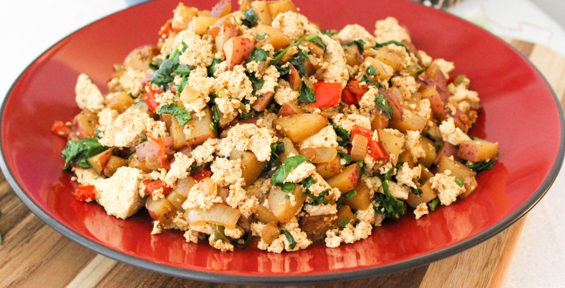 Vegan Potato and Tofu Scramble with peppers and onions