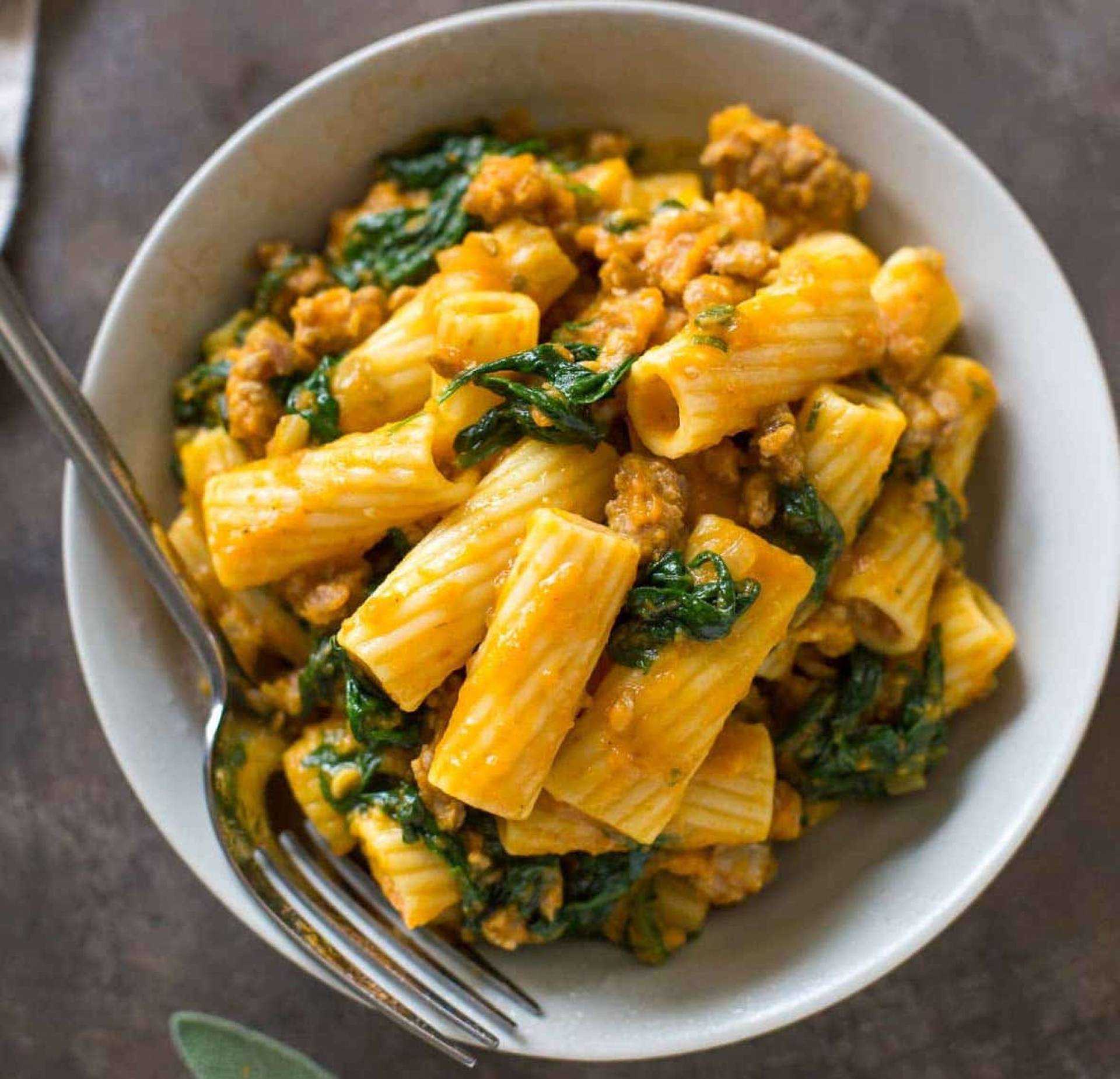 Vegan Creamy Pumpkin Pasta and Italian Sausage