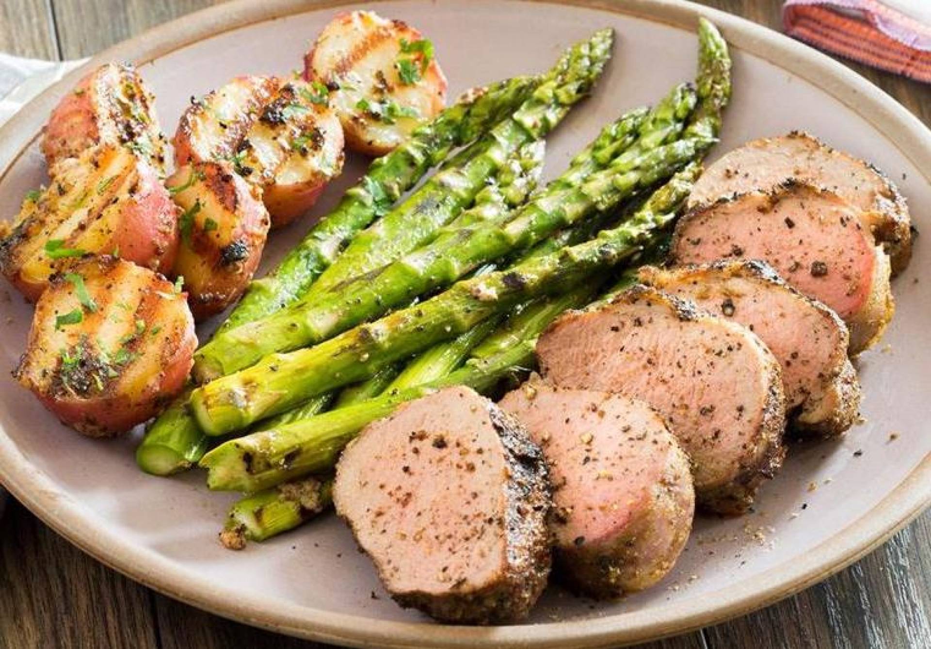 Apple Cider Glazed Pork Tenderloin with Baby Potatoes and Asparagus (ATHLETE)