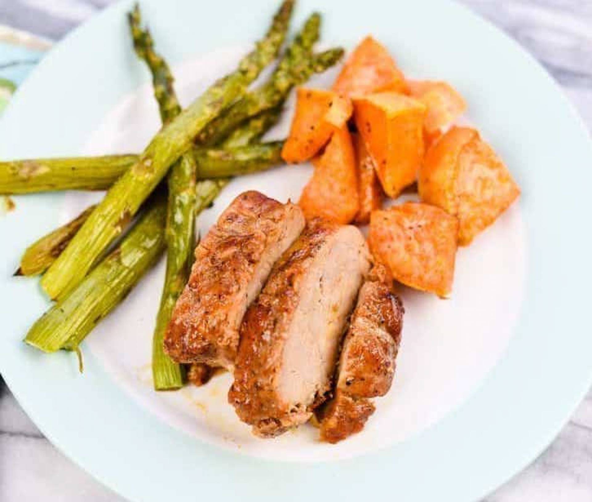 Apple Cider Glazed Pork Tenderloin with Sweet Potatoes, and Asparagus (ATHLETE)