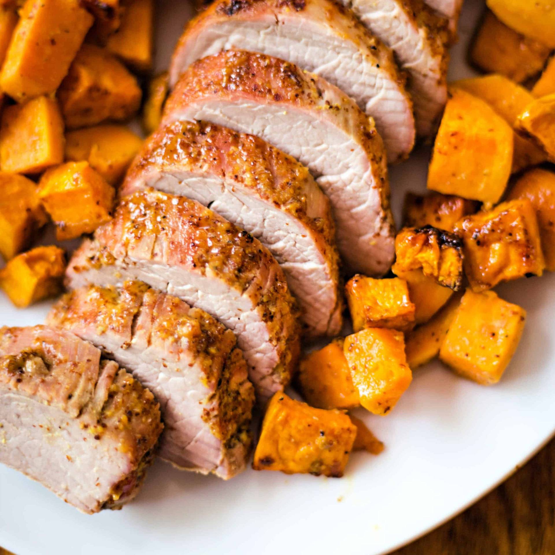 Maple Dijon Glazed Pork Tenderloin with Sweet Potatoes, and Asparagus (ATHLETE)