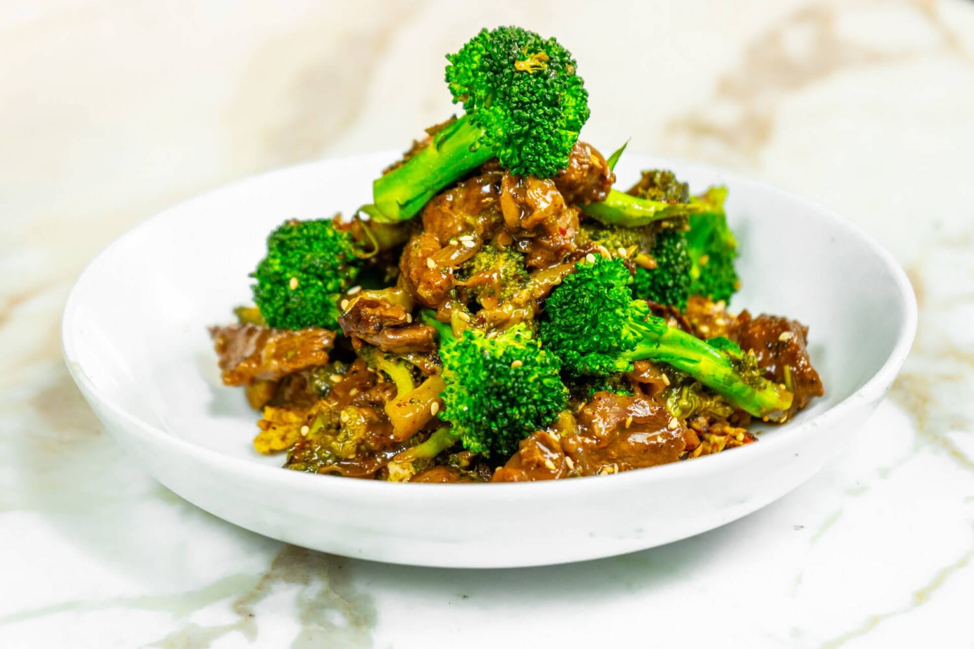 Keto Steak Teriyaki, Cauliflower Rice, Baby Broccoli