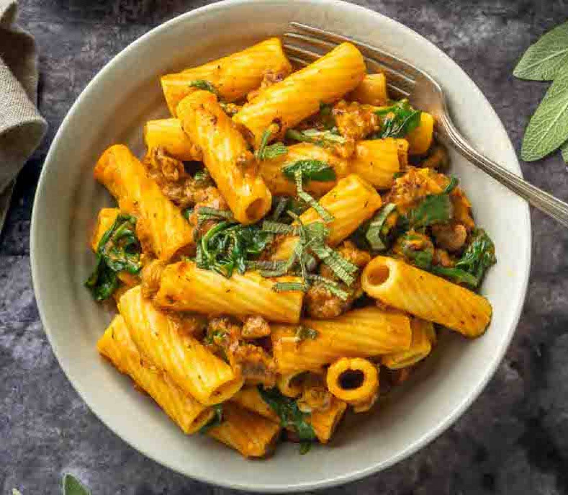 Creamy Pumpkin Pasta and Italian Turkey Sausage (ATHLETE)