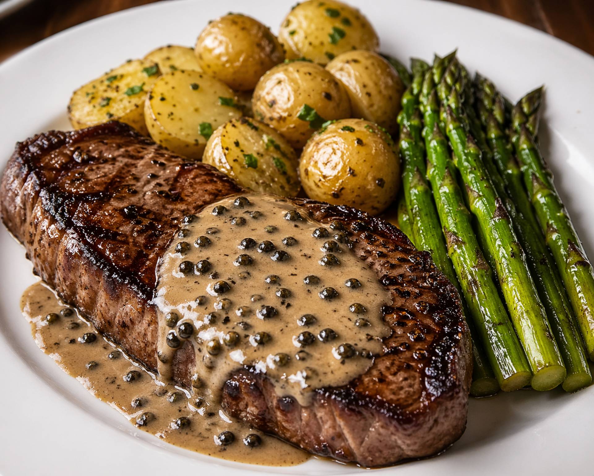 NY Strip with Peppercorn Sauce, Baby Potatoes, Asparagus (PREMIUM)