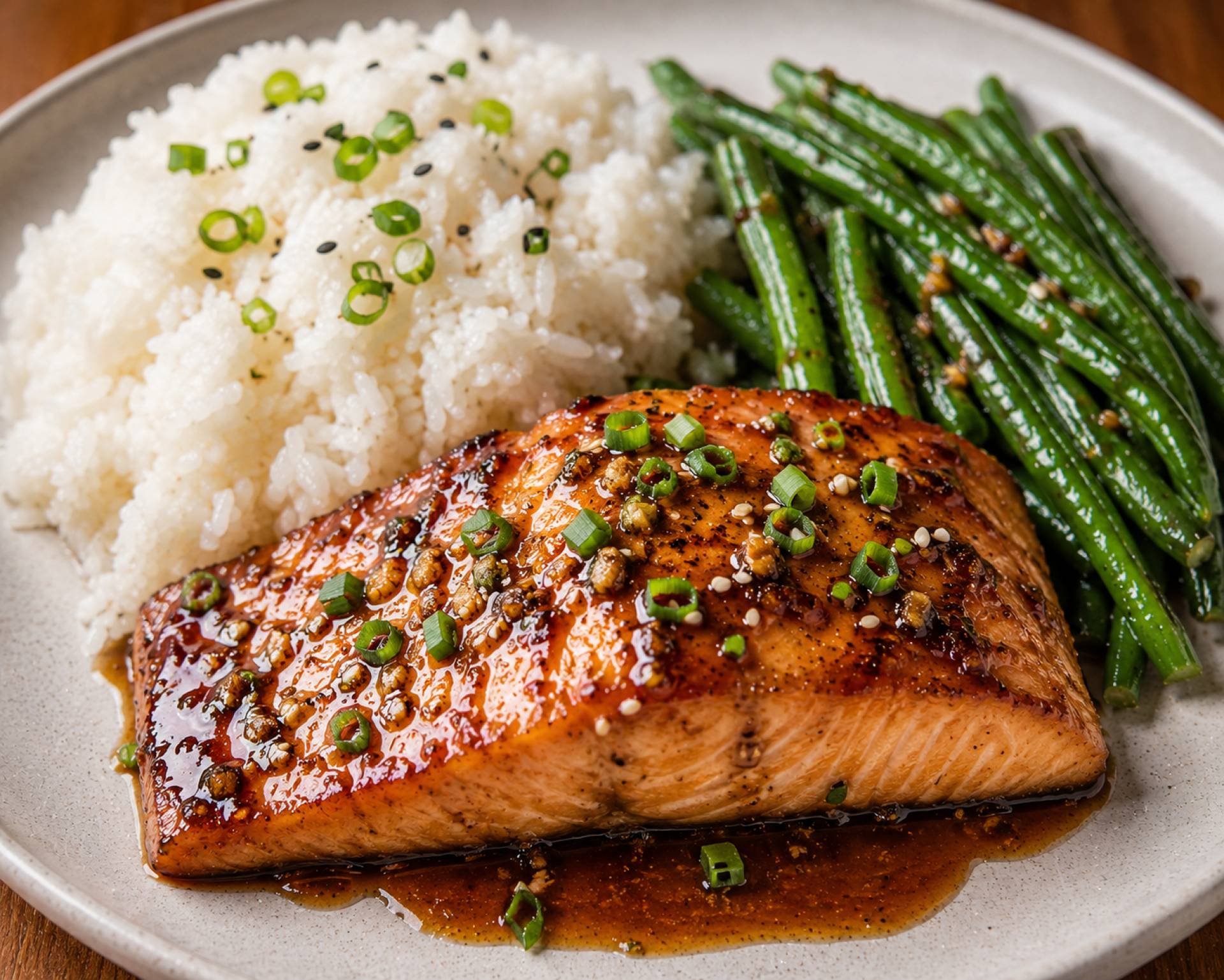 Soy Ginger Salmon with White Rice and Green Beans (PREMIUM)