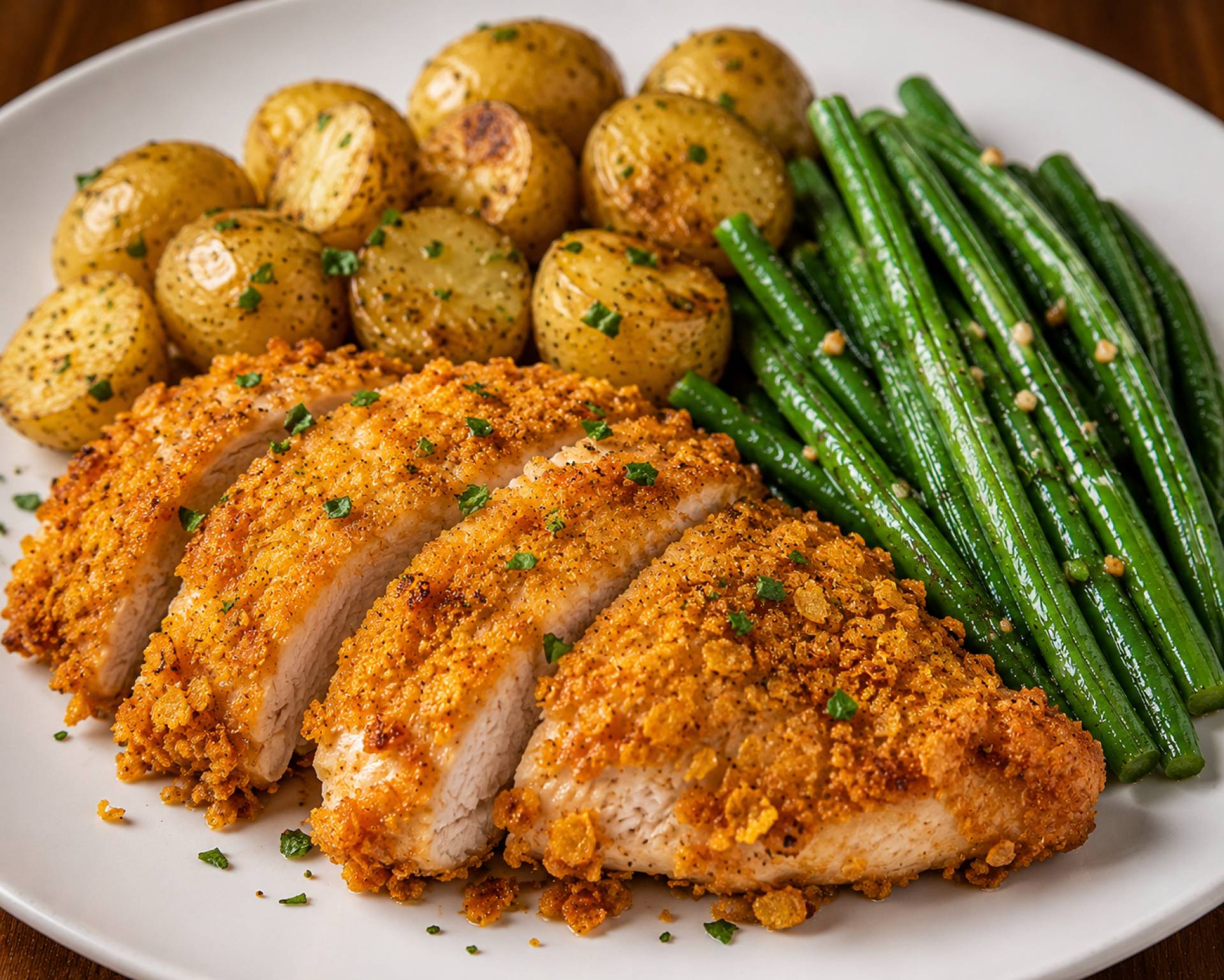 Crispy Corn Flake Crusted Chicken, Baby Potatoes, Green Beans (PRO)