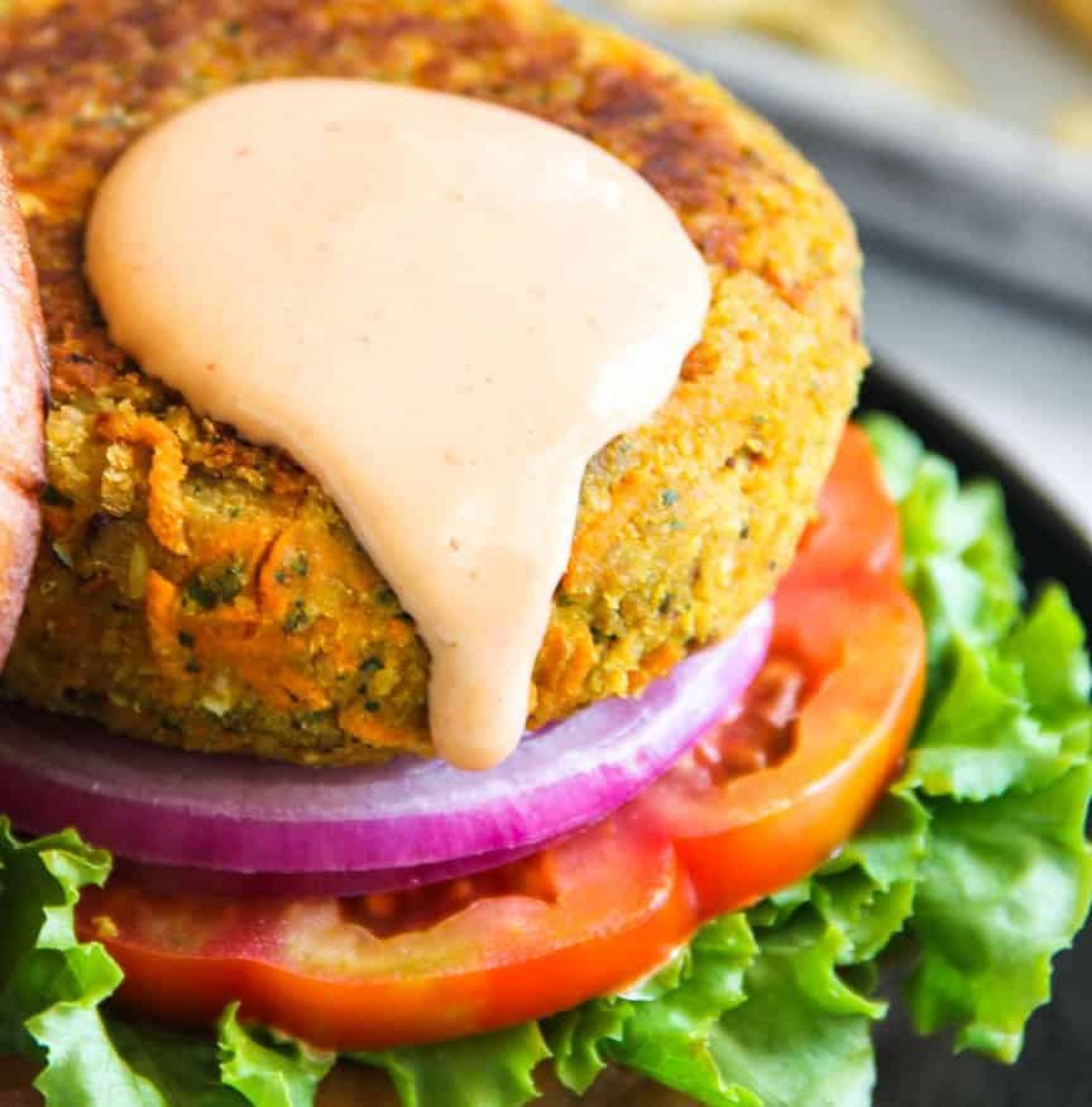 Vegan Chickpea Burger on a Lettuce Bun with Crispy Tofu Fries