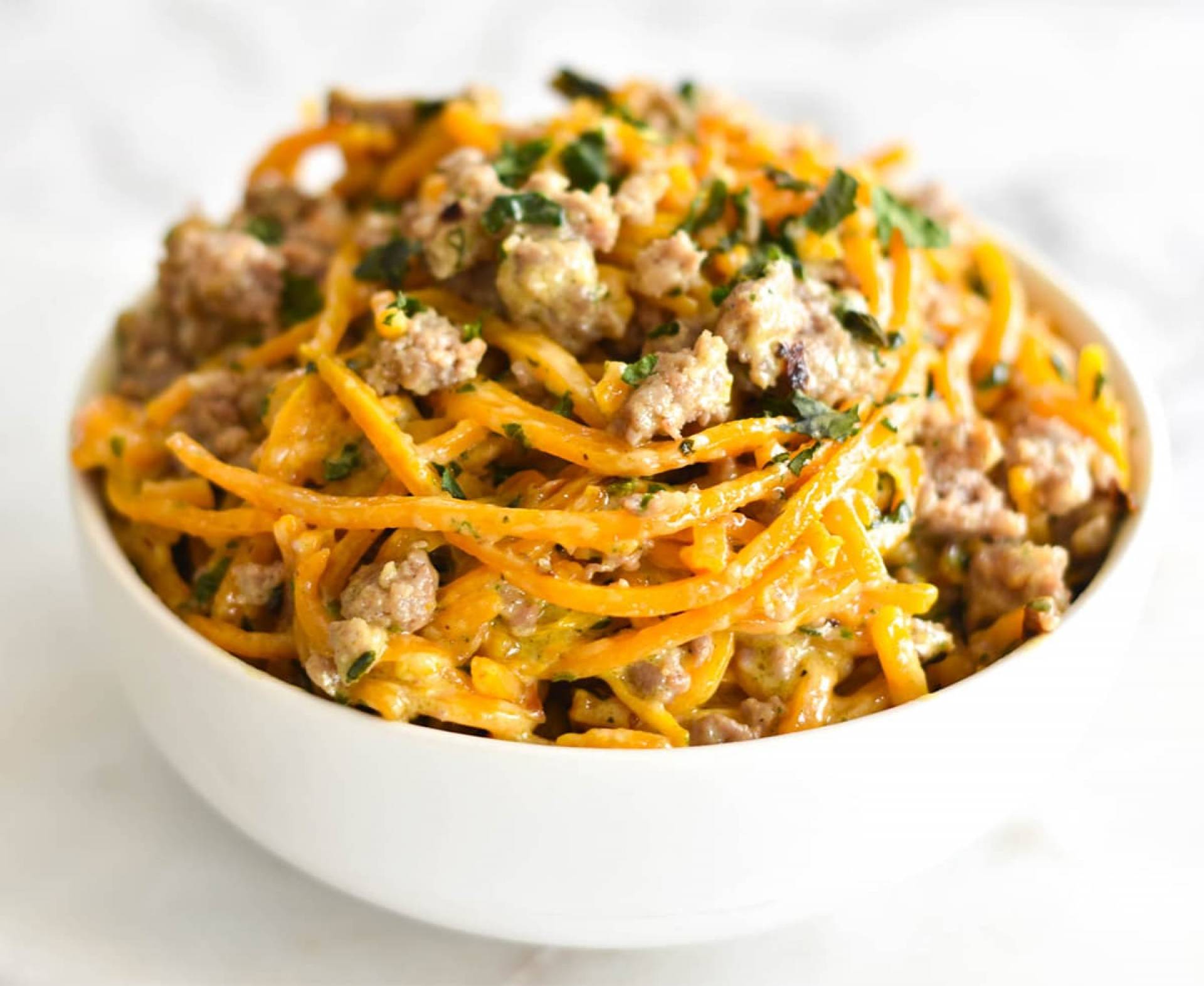 Butternut Squash Noodle Primavera with Turkey Sausage
